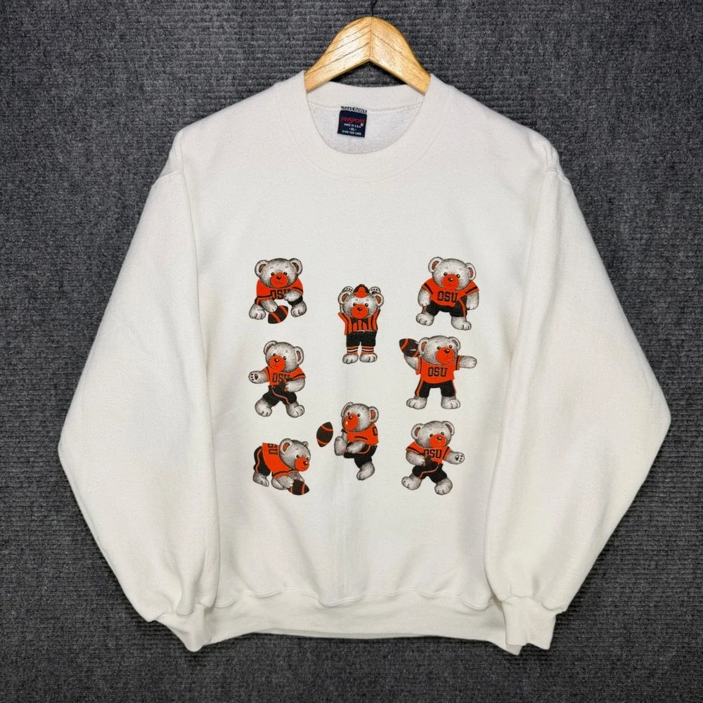 Vintage 80s JanSport Oklahoma State OSU Teddy Bear Football Sweatshirt XL White